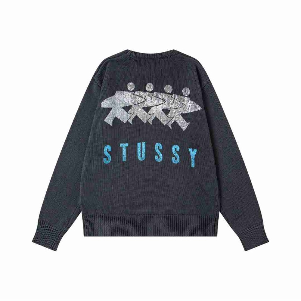 Stussy Men's Charcoal Sweater with Blue and Silver Accents
